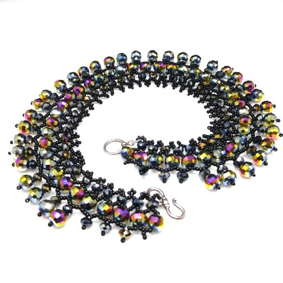 Handmade Czech Fire Polished Beaded Collar Necklace Black Seed Beads 16" - Picture 3 of 10